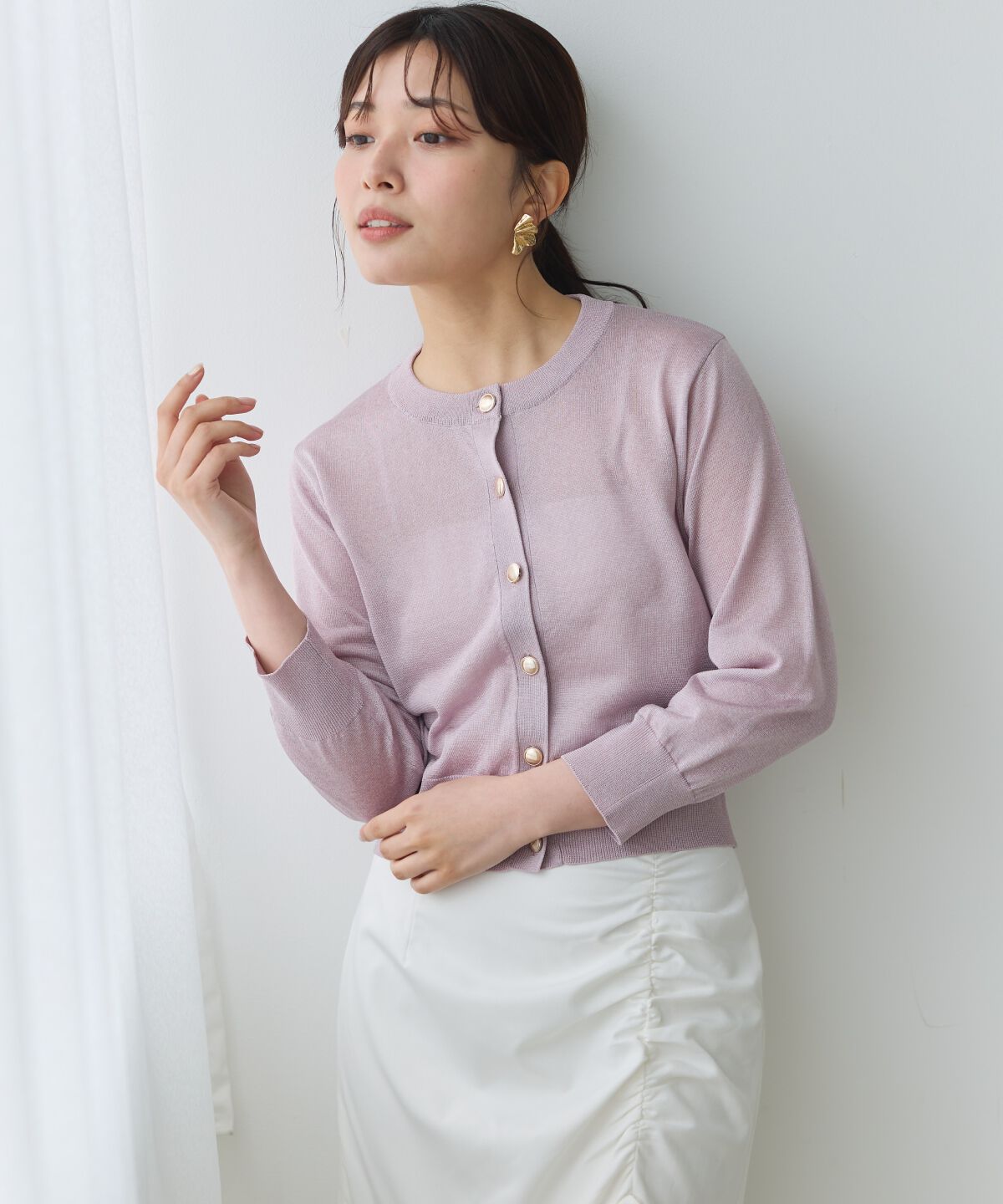 アンドクチュール「クルーネックシアーカーディガン」|カーディガン|ピンク