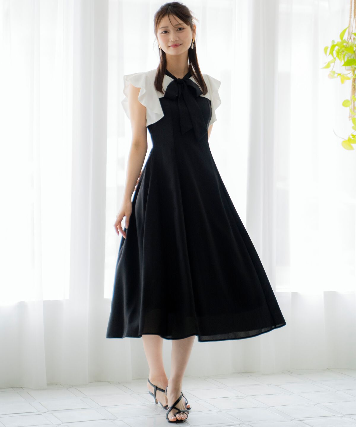 アンドクチュール「ラッフルノースリーブリボン襟ワンピース」|ワンピース|ブラック