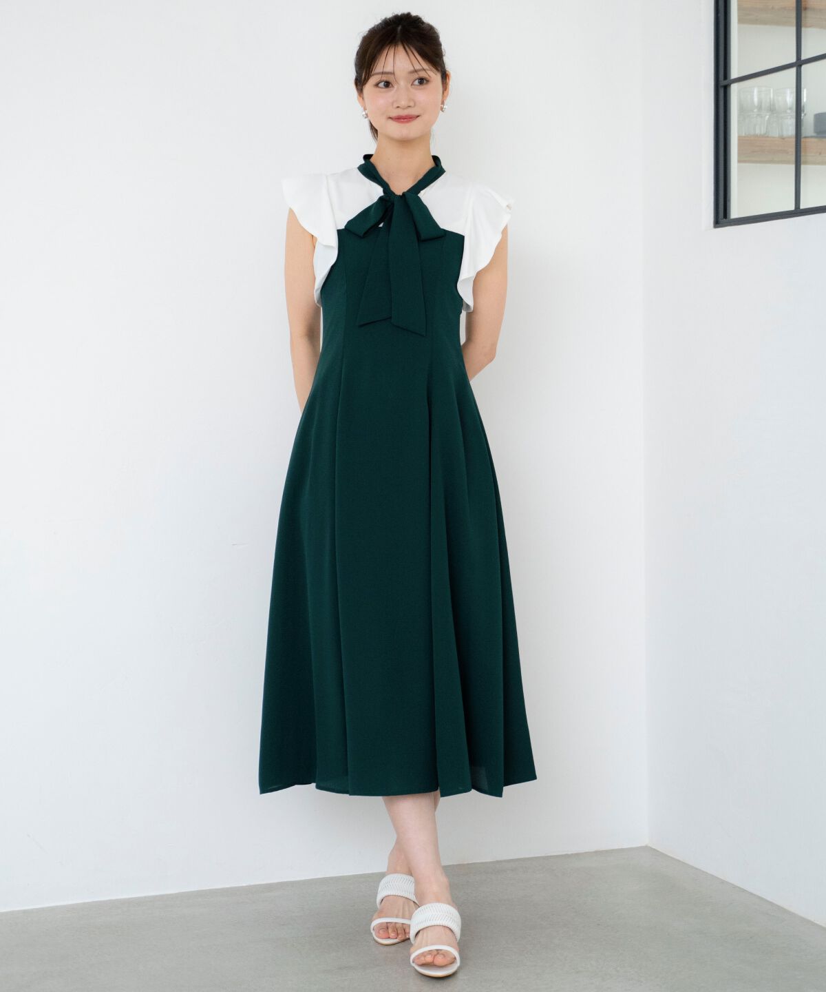 アンドクチュール「ラッフルノースリーブリボン襟ワンピース」|ワンピース|