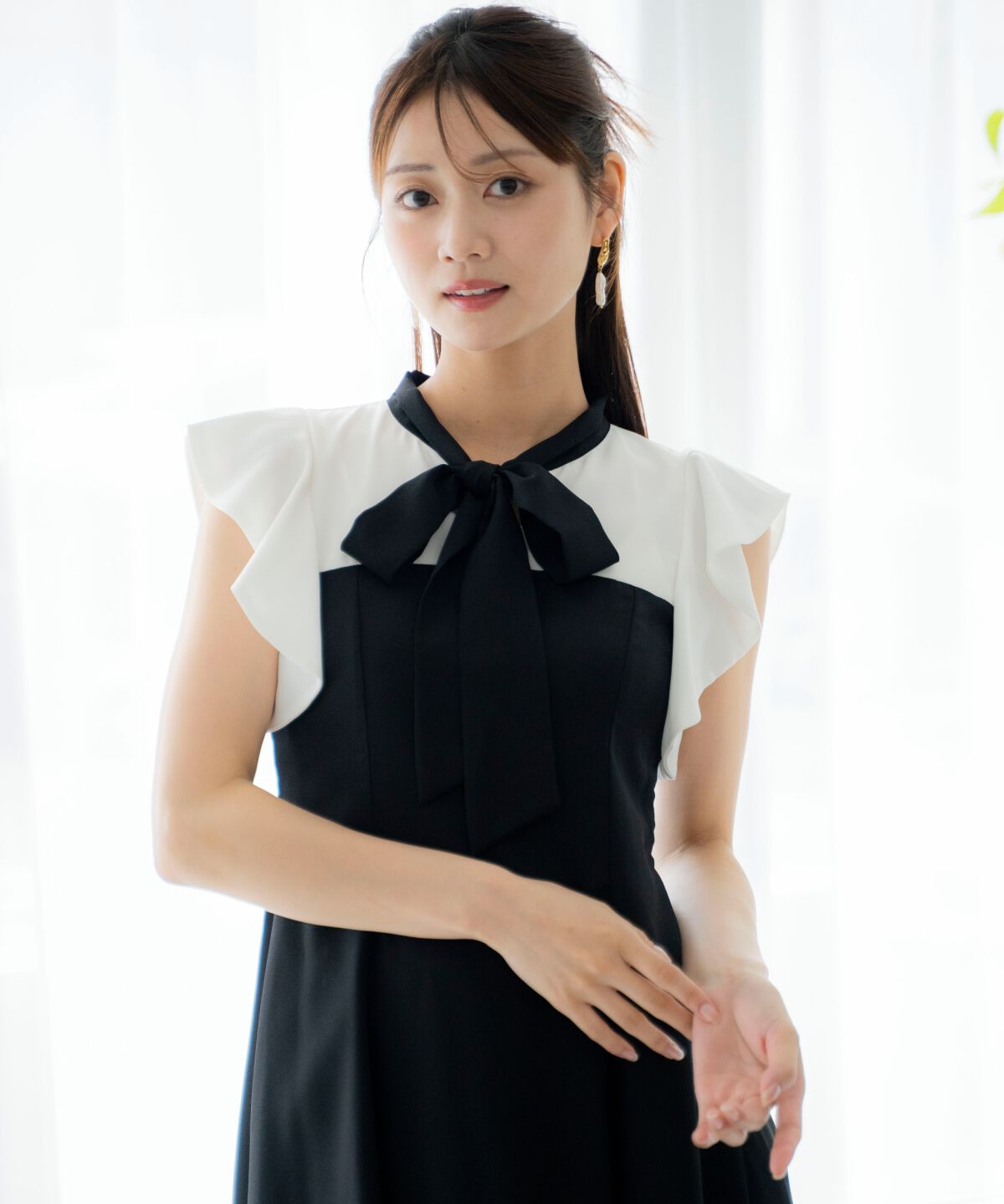 アンドクチュール「ラッフルノースリーブリボン襟ワンピース」|ワンピース|