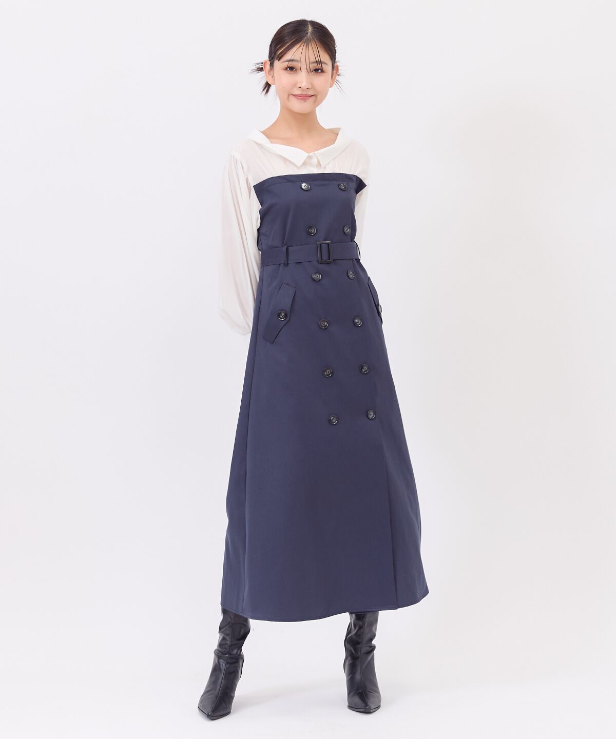 REDYAZEL「シャツレイヤードベアワンピース」|ワンピース|ネイビー