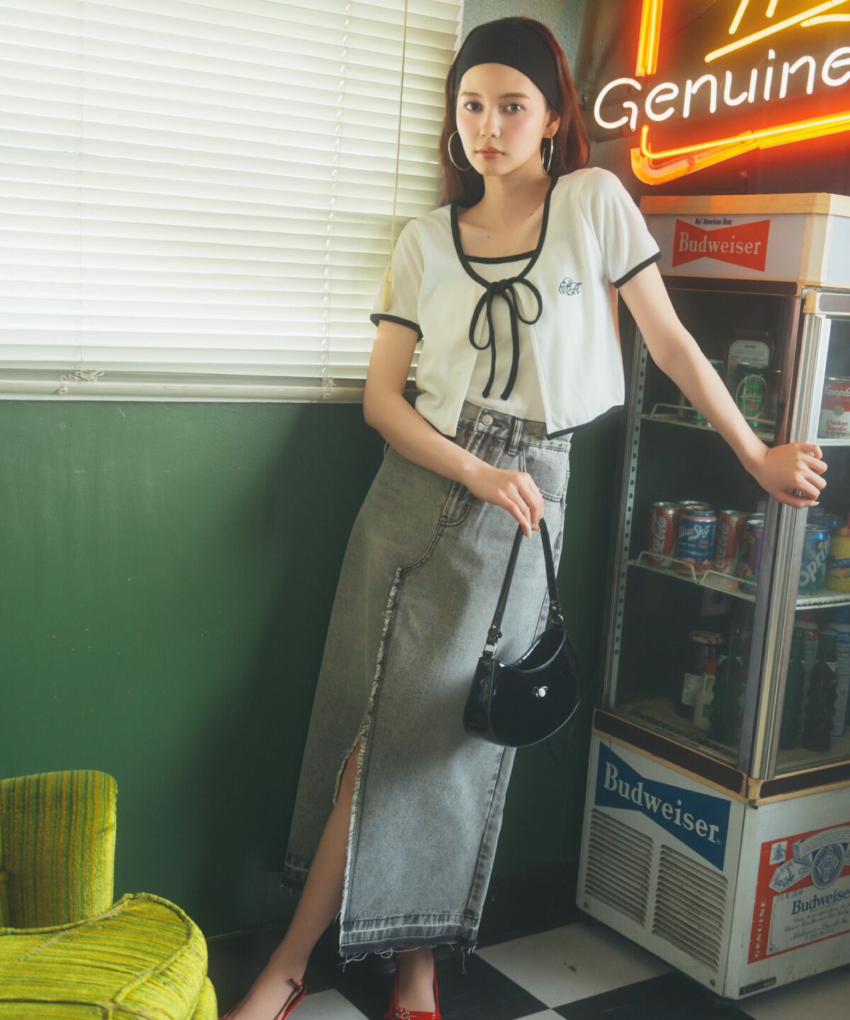 REDYAZEL「リメイク風フリンジヘムデニムロングスカート」|タイト|