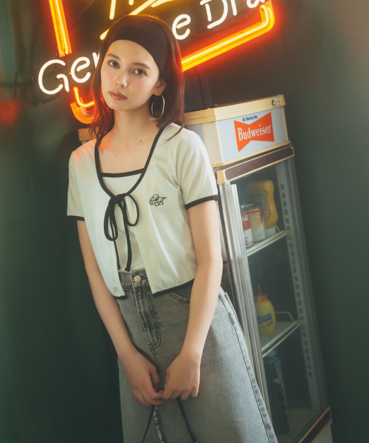 REDYAZEL「リメイク風フリンジヘムデニムロングスカート」|タイト|