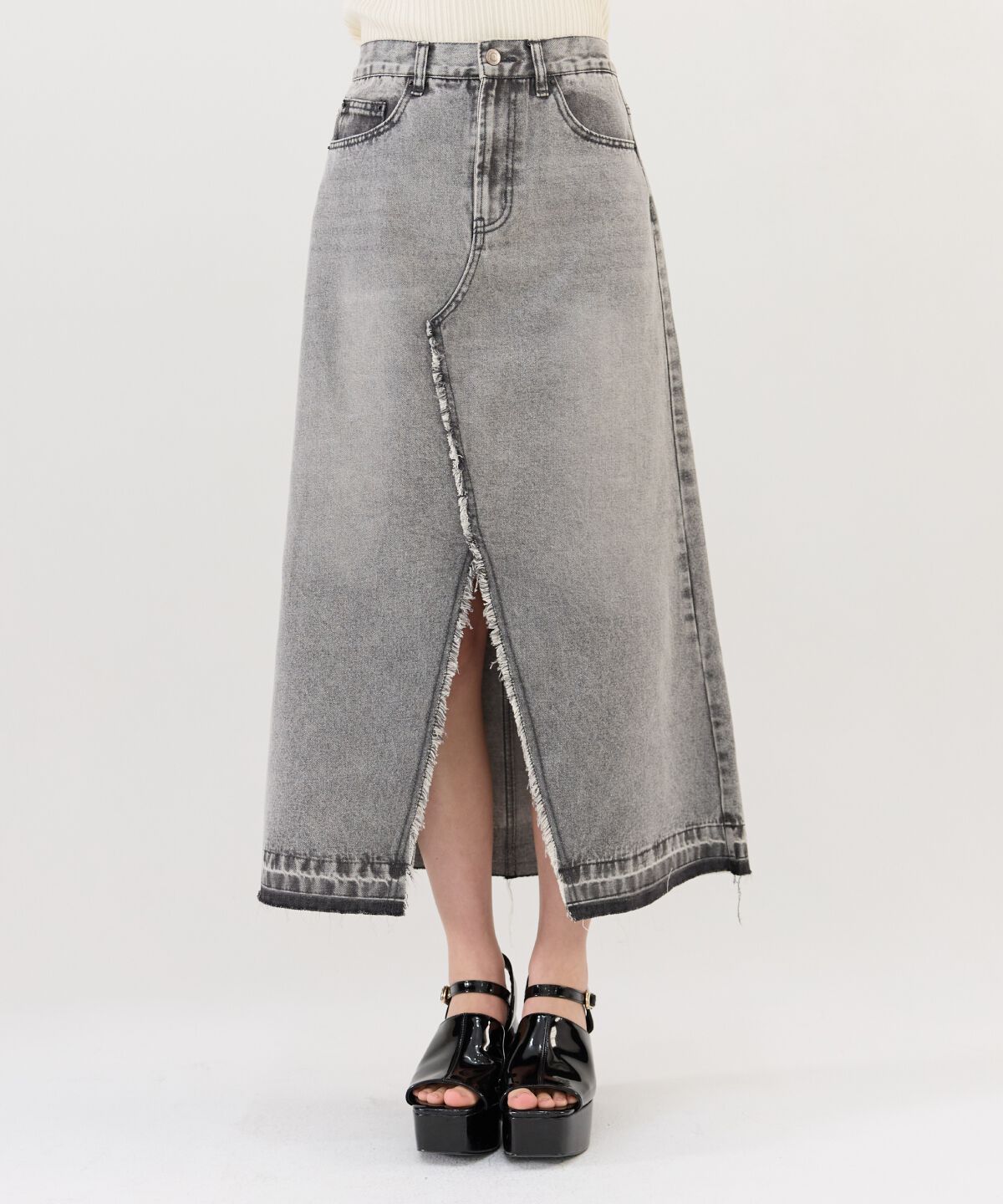 REDYAZEL「リメイク風フリンジヘムデニムロングスカート」|タイト|