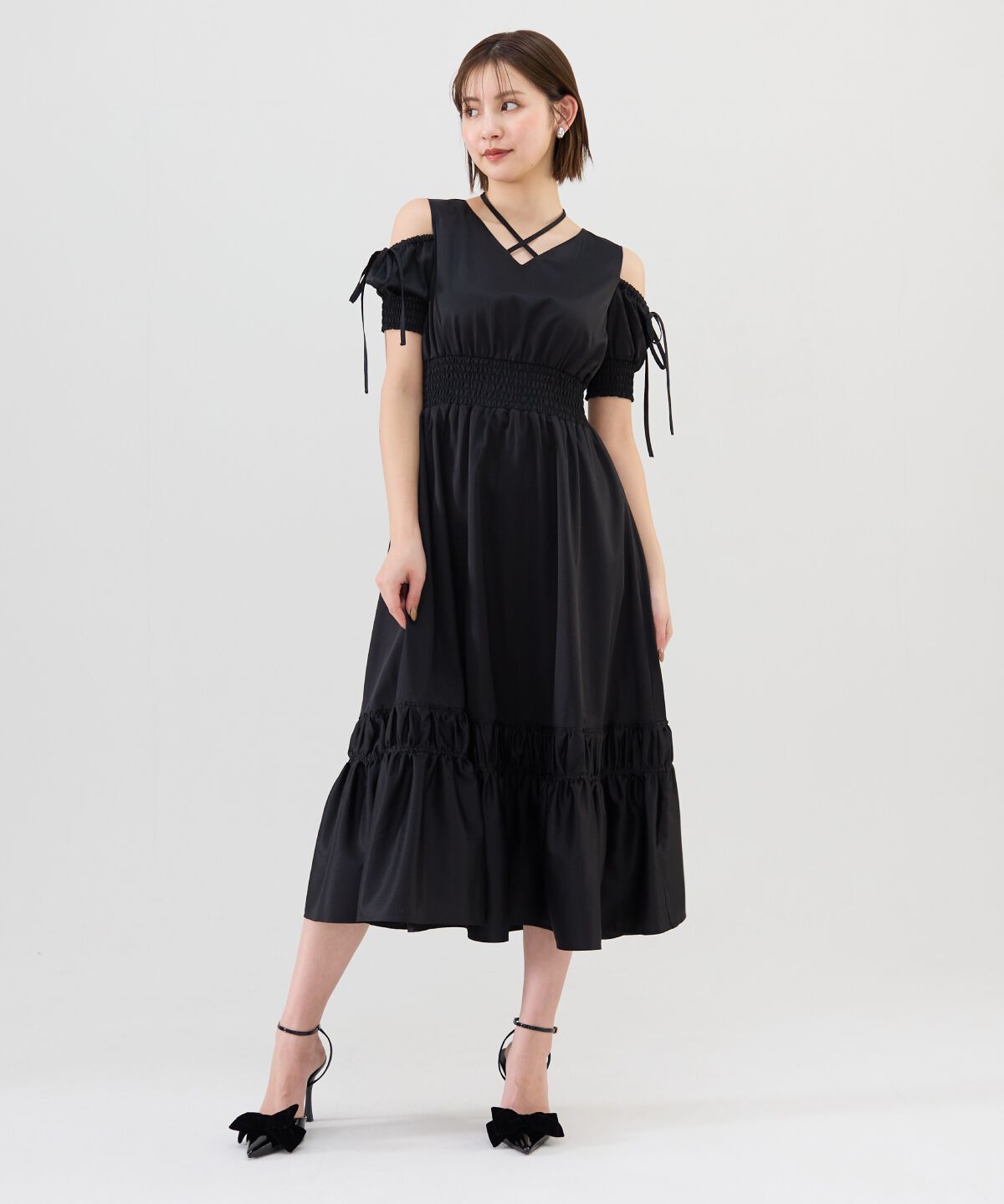 REDYAZEL「シャーリングオープンショルダーワンピース」|ワンピース|