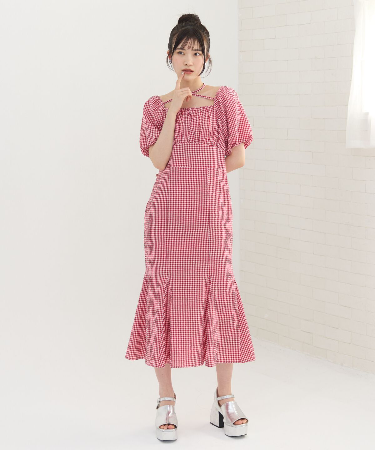 REDYAZEL「クロスリボンギンガムチェックマーメイドワンピース」|ワンピース|赤系チェック