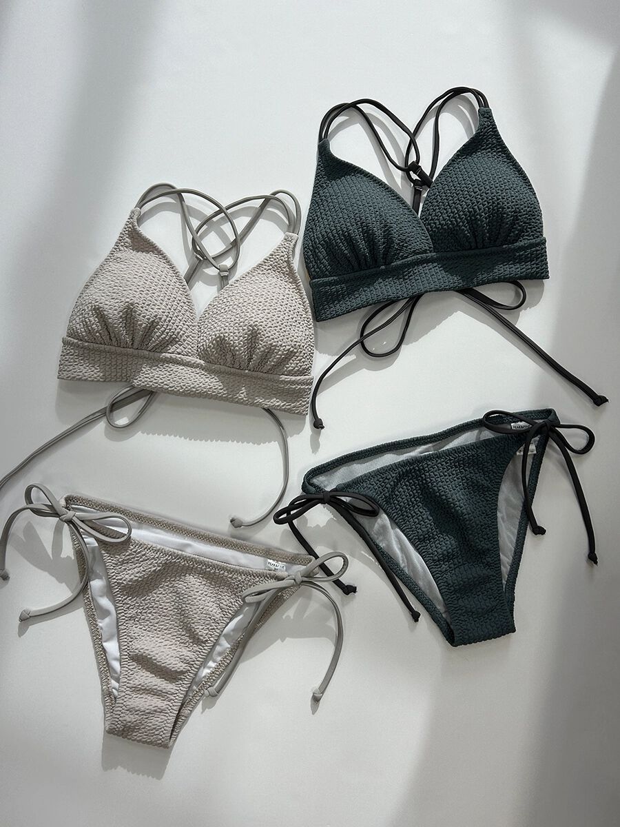 PEAK&PINE「ワッフルニット素材クロス三角ビキニ」|ビキニ|カーキ