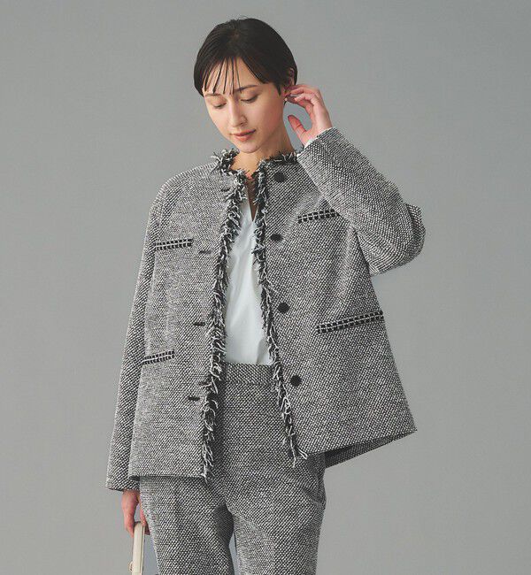 UNITED ARROWS「2トーン ツイードライク ノーカラー ジャケット」|ノーカラージャケット|BLACK