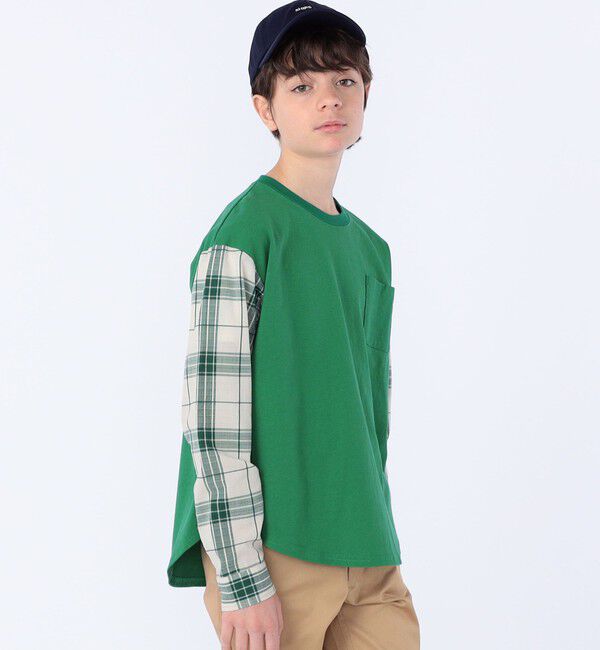 SHIPS KIDS「SHIPS KIDS:145～160cm / チェックシャツ コンビ カットソー」|Tシャツ・カットソー|グリーン
