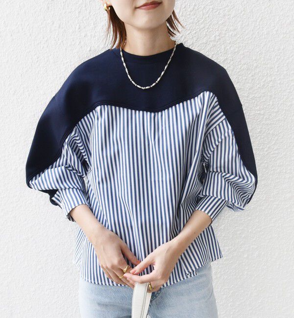 SHIPS for women「【WEB限定】 〈手洗い可能〉ダンボール 布帛 コンビ プルオーバー」|Tシャツ・カットソー|