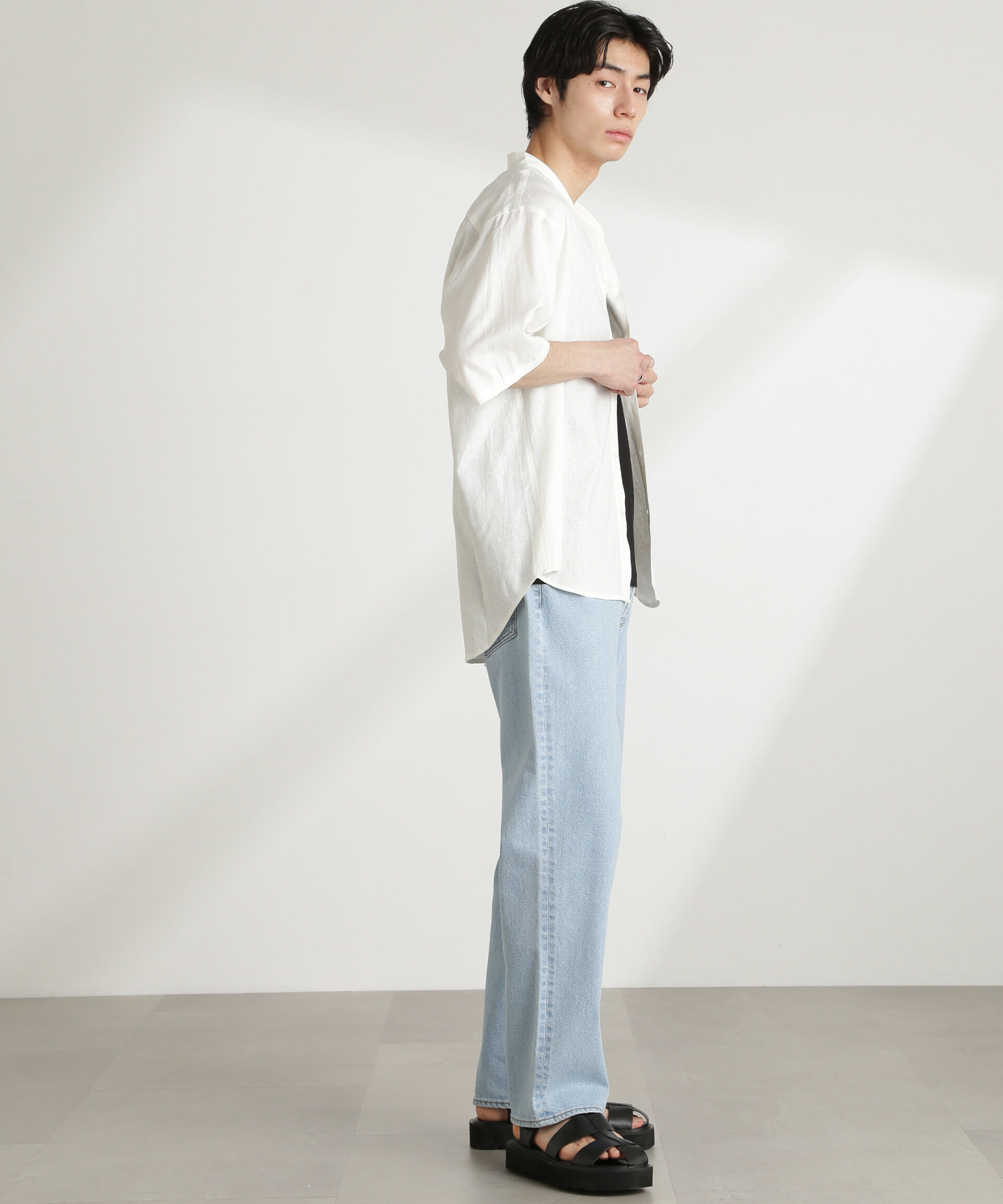 nano･universe「アンチスメルリネン バンドカラーシャツ 半袖」|シャツ・ブラウス|