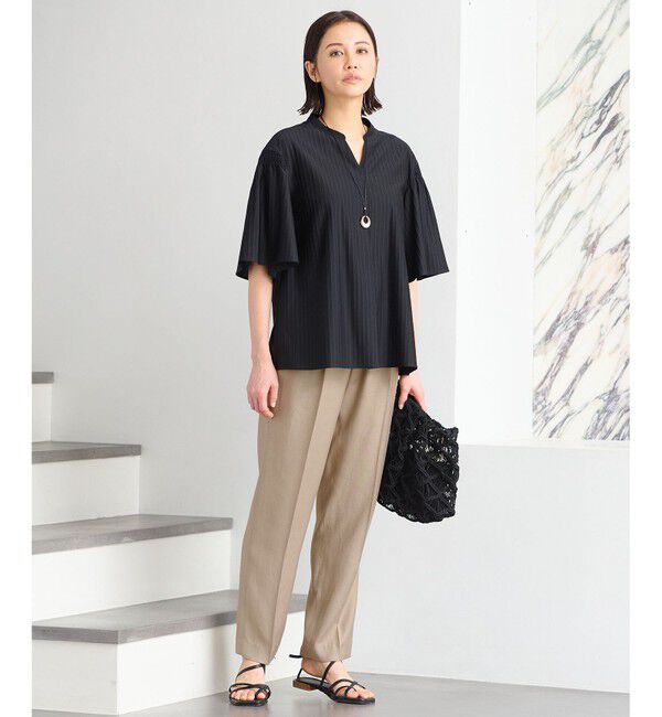 自由区「【XSサイズ～/洗える】ストレッチシャーティング 5分袖 フレアスリーブブラウス」|Tシャツ・カットソー|