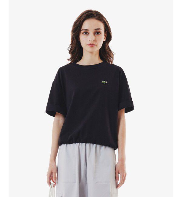 LACOSTE「裾口ドローストリング入りクロップド5分袖 半袖Tシャツ」|Tシャツ・カットソー|ブラック