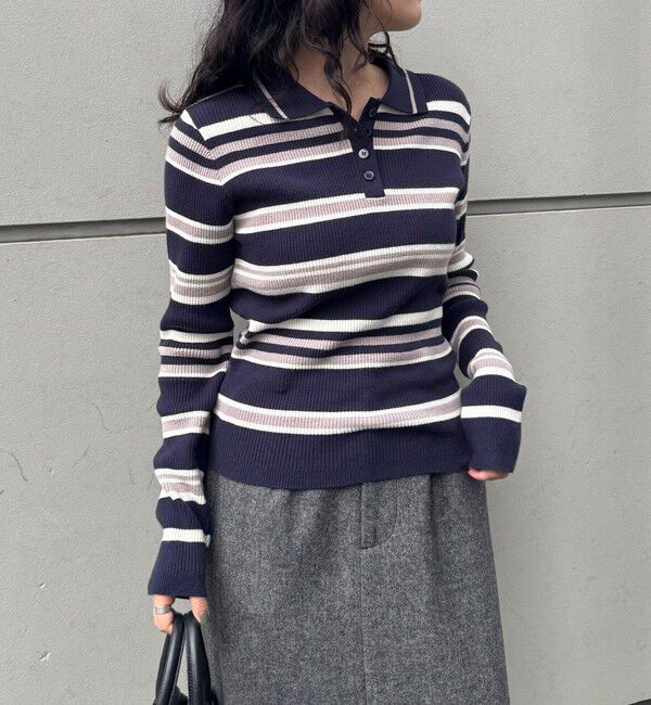 fredy emue「マルチボーダー衿付きリブニット」|ニット・セーター|ブルー系その他