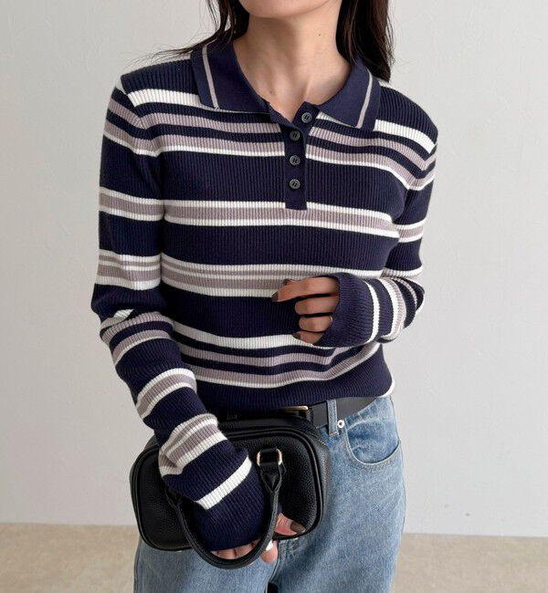 fredy emue「マルチボーダー衿付きリブニット」|ニット・セーター|