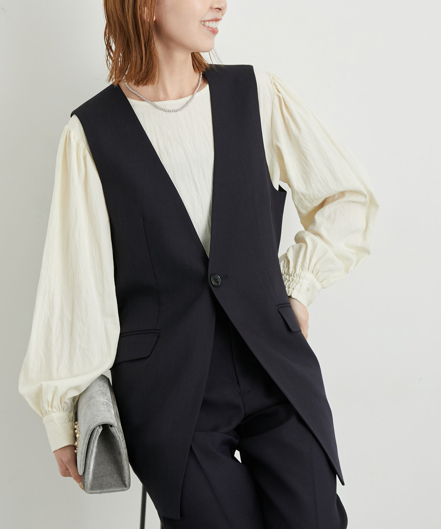 Rope&rsquo;Picnic「ウールライクサキソニーノーカラースリーブレスジャケット」|ベスト・ジレ|