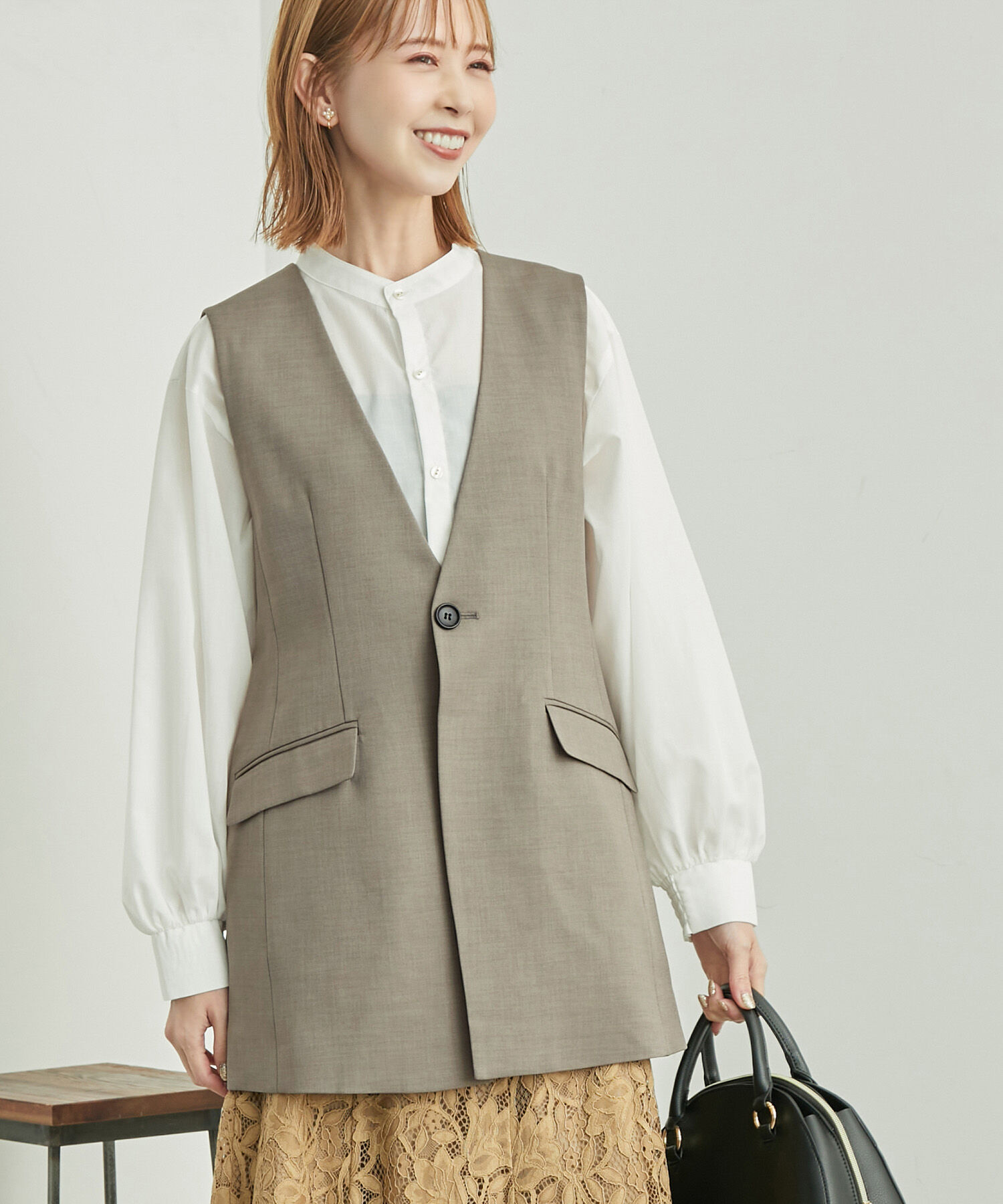 Rope&rsquo;Picnic「ウールライクサキソニーノーカラースリーブレスジャケット」|ベスト・ジレ|ブラウン(22)