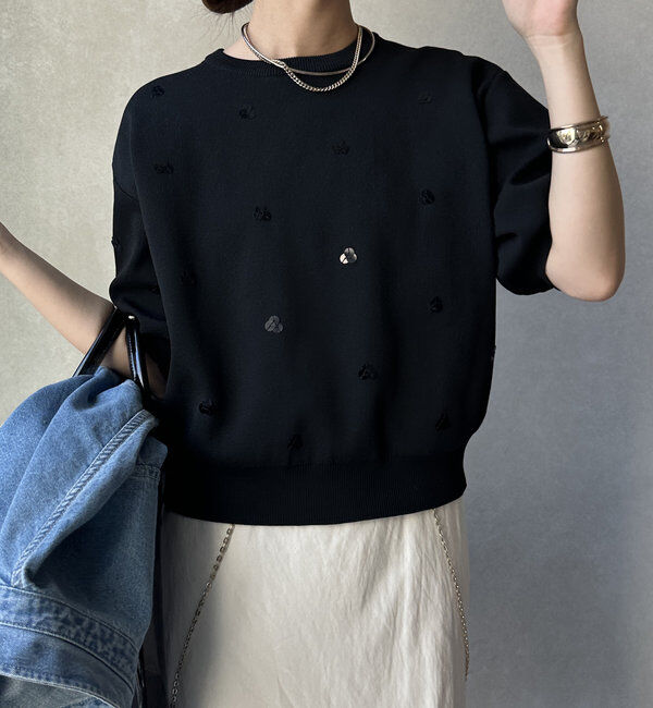  「【WEB限定】スパンコール刺繍ニット」|ニット・セーター|ブラック