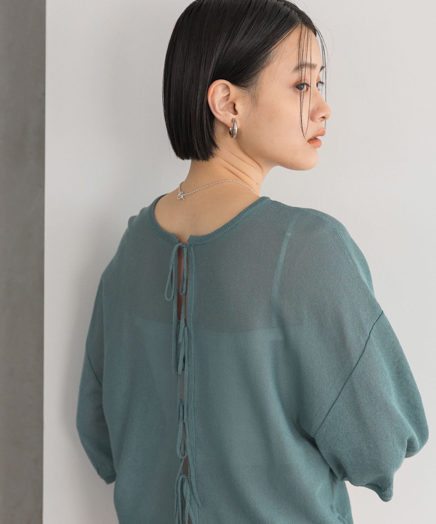 A part by 「バックリボンプルオーバー_5分袖」|ニット・セーター|グリーン