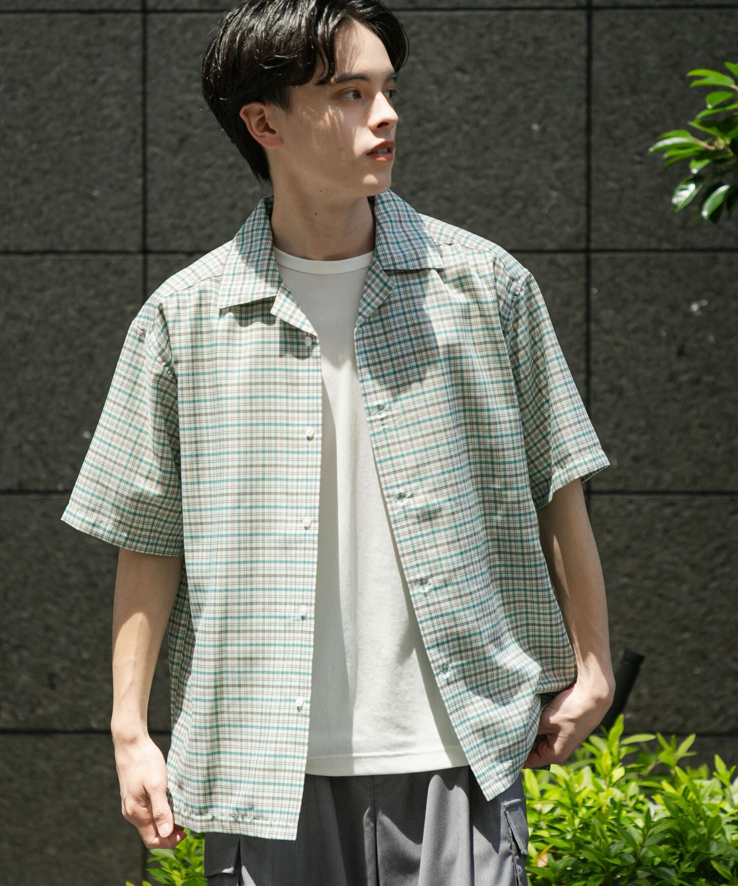 SENSE OF PLACE by URBAN RESEARCH「チェックオープンカラーショートスリーブシャツ」|シャツ・ブラウス|ライトグレー