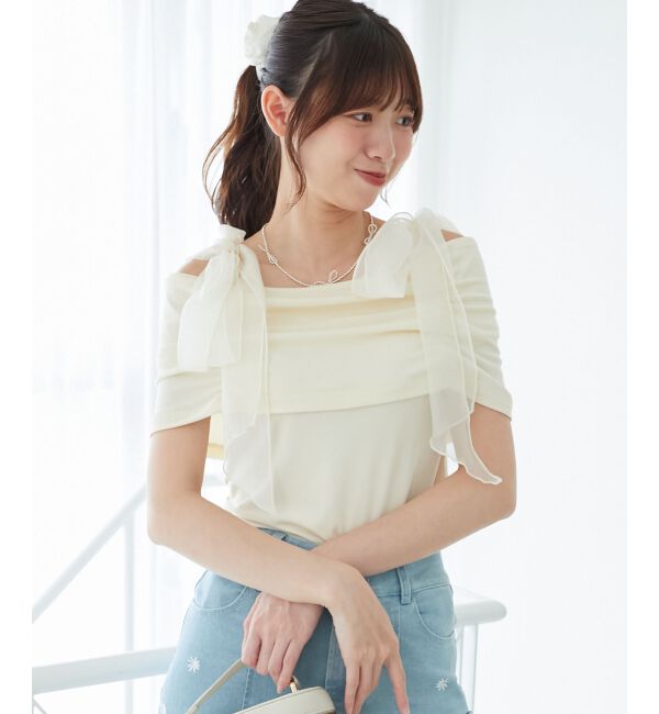  「肩リボンオフショルカットトップス」|Tシャツ・カットソー|アイボリー
