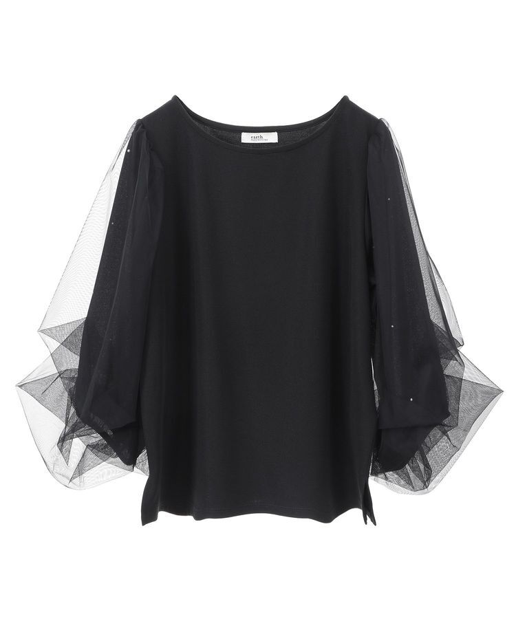 earth music&ecology「キラキラストーンパールチュールスリーブプルオーバー」|Tシャツ・カットソー|