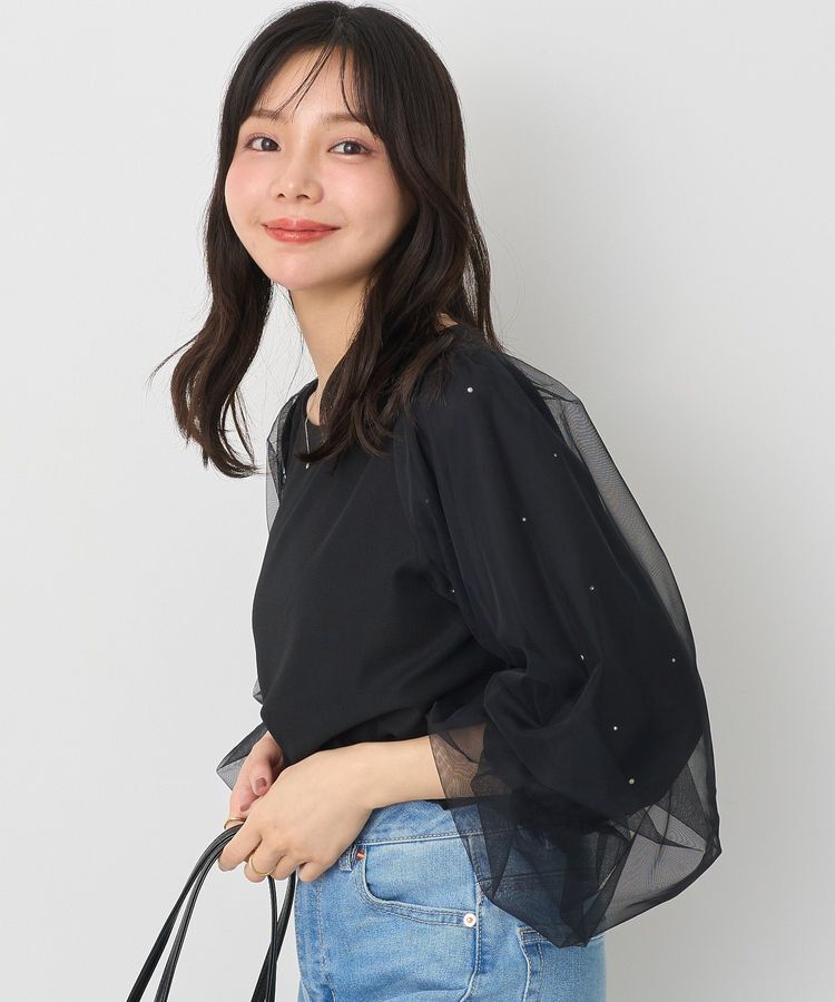 earth music&ecology「キラキラストーンパールチュールスリーブプルオーバー」|Tシャツ・カットソー|Black