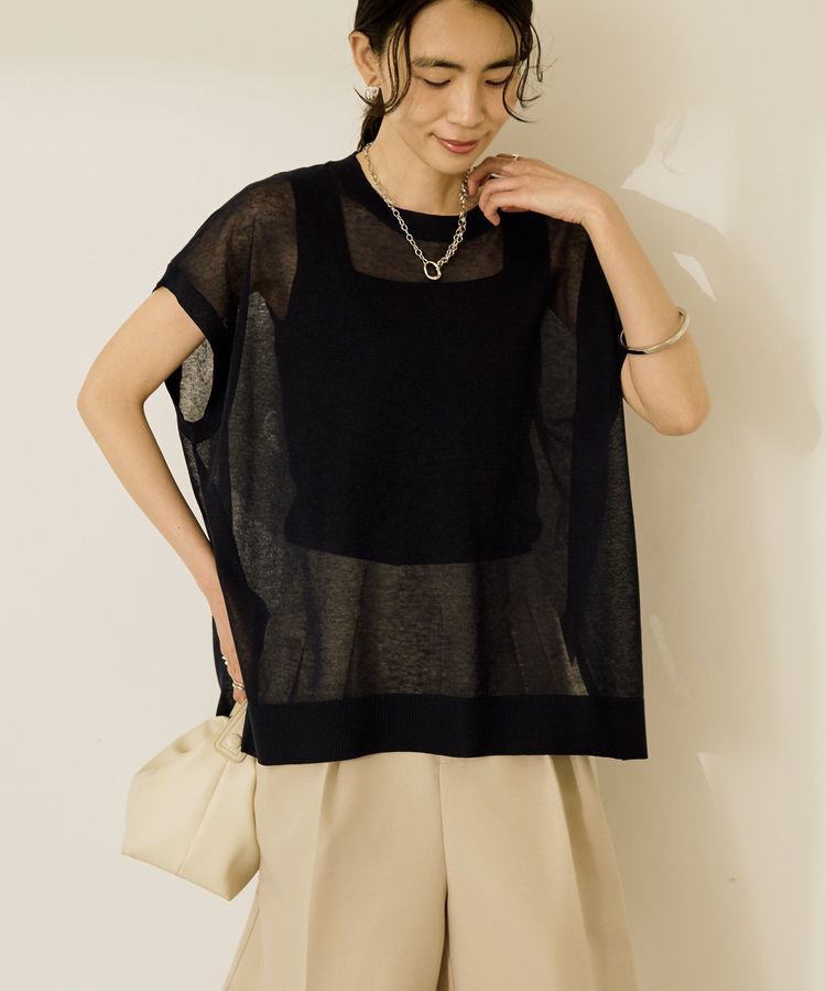 AMERICAN HOLIC「ウォッシャブルシアーニットフレンチスリーブトップス」|ニット・セーター|Navy