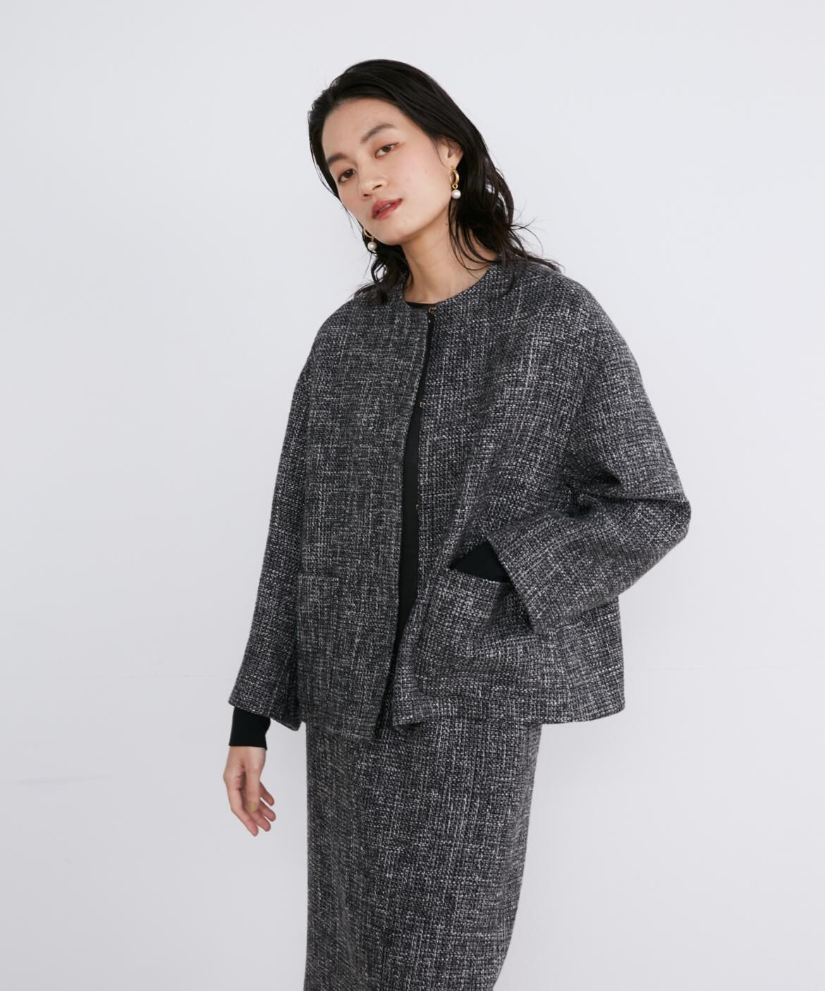 INED「《大きいサイズ》ツイードノーカラージャケット」|ノーカラージャケット|