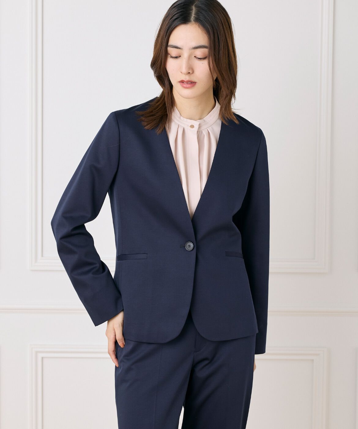 7-IDconcept.「ノーカラーストレッチジャケット」|ノーカラージャケット|ネイビー