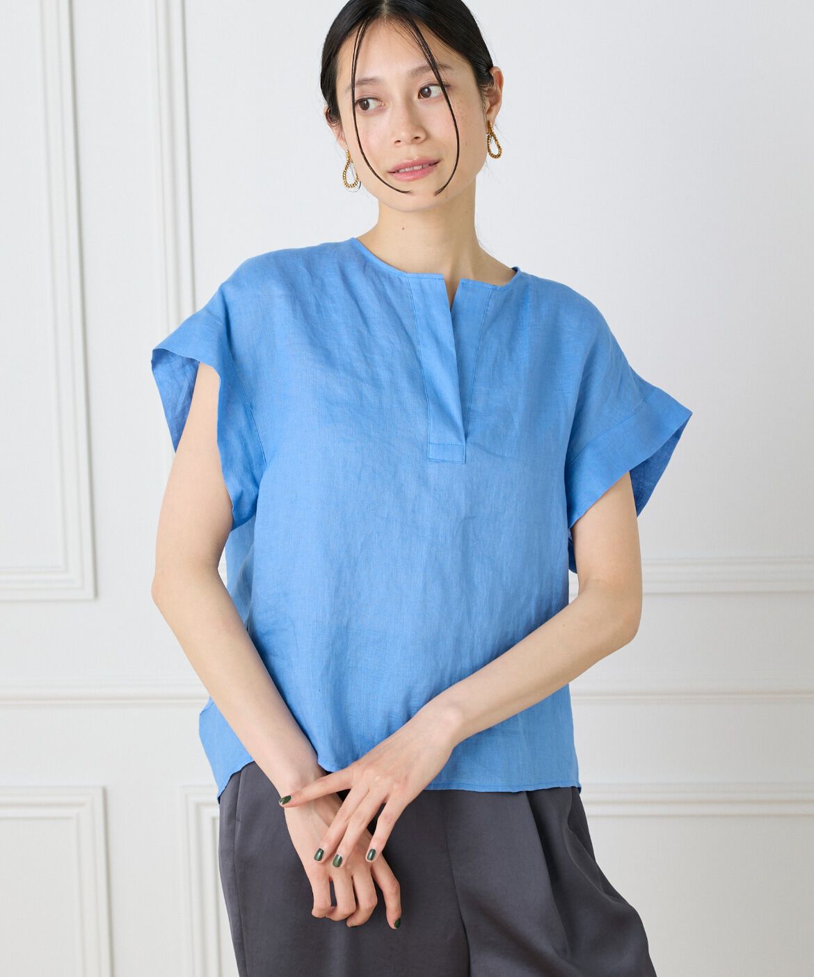INED「リネンスキッパーブラウス」|シャツ・ブラウス|ブルー1