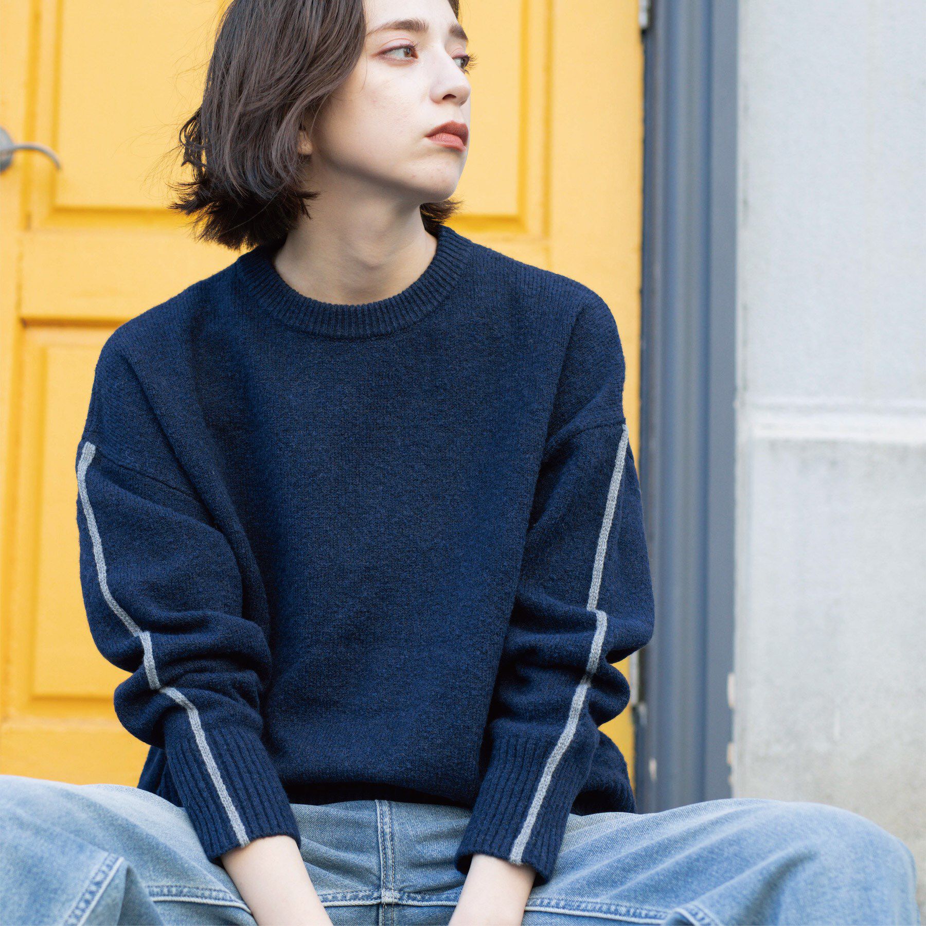 OPAQUE.CLIP「配色ラインクルーネックニット」|ニット・セーター|ネイビー(594)