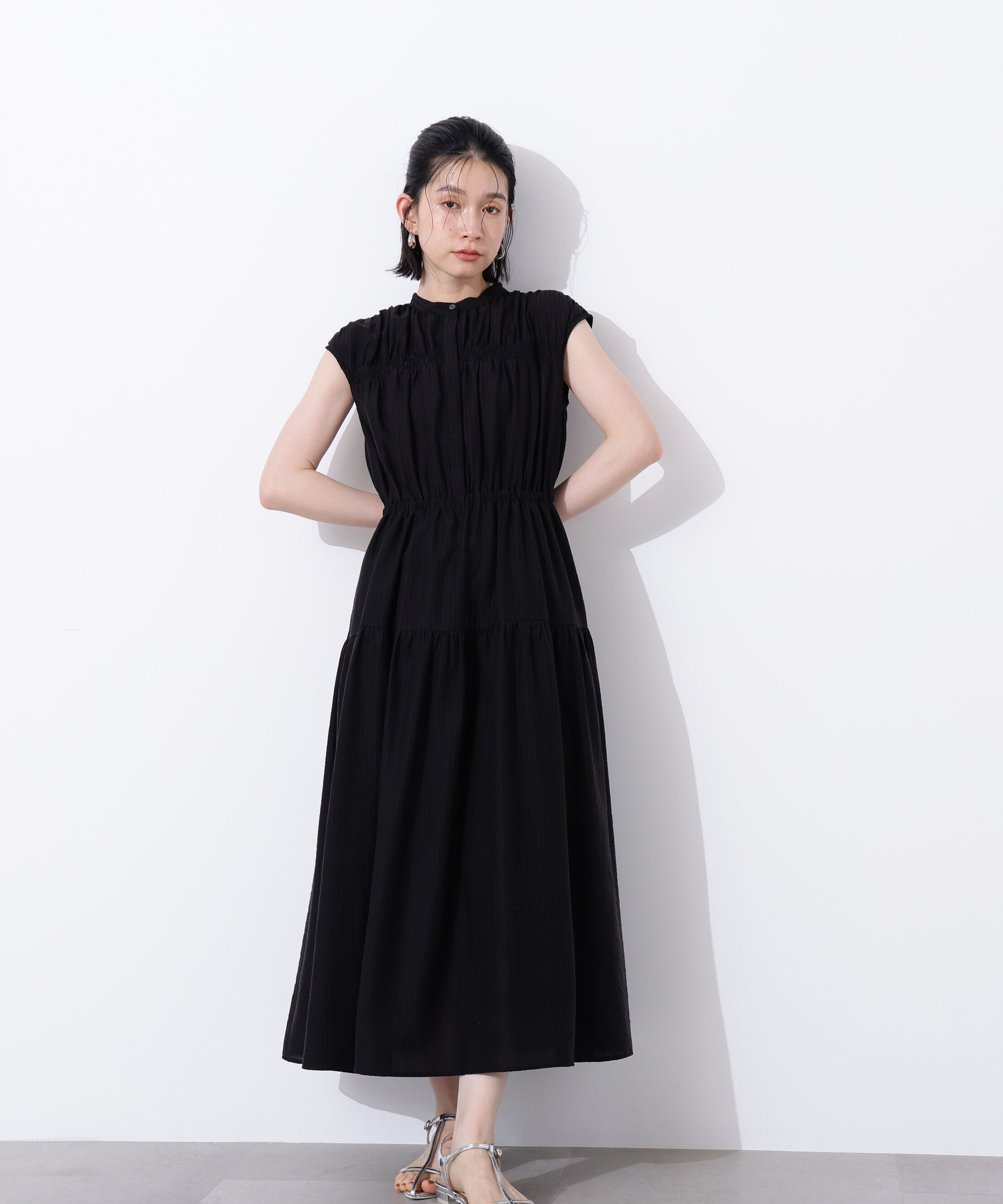  「フレンチスリーブギャザーワンピース」|ワンピース|ブラック