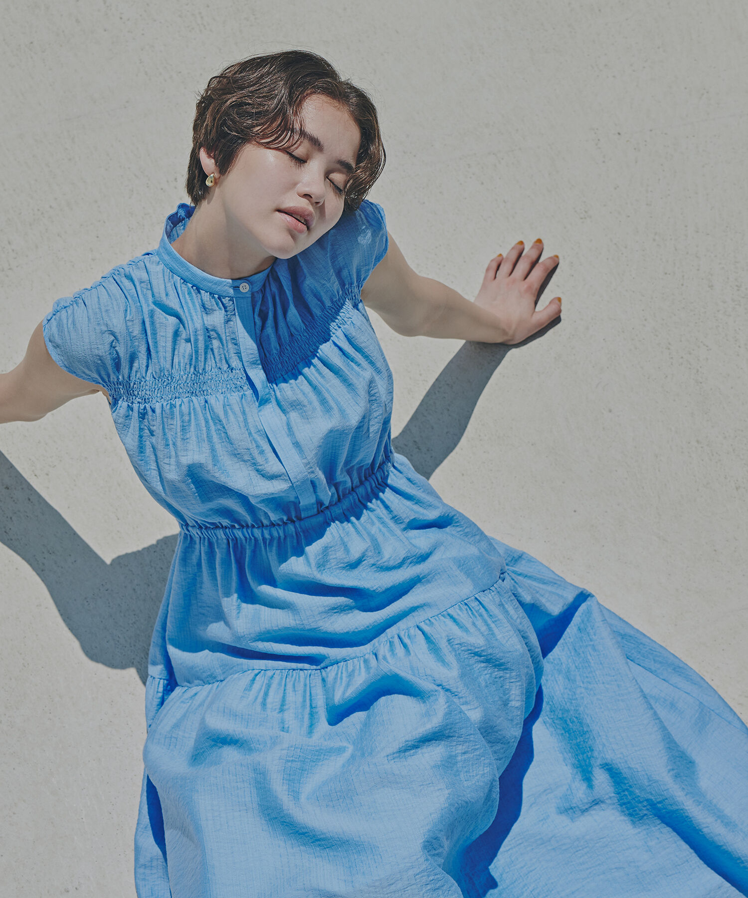  「フレンチスリーブギャザーワンピース」|ワンピース|ブルー