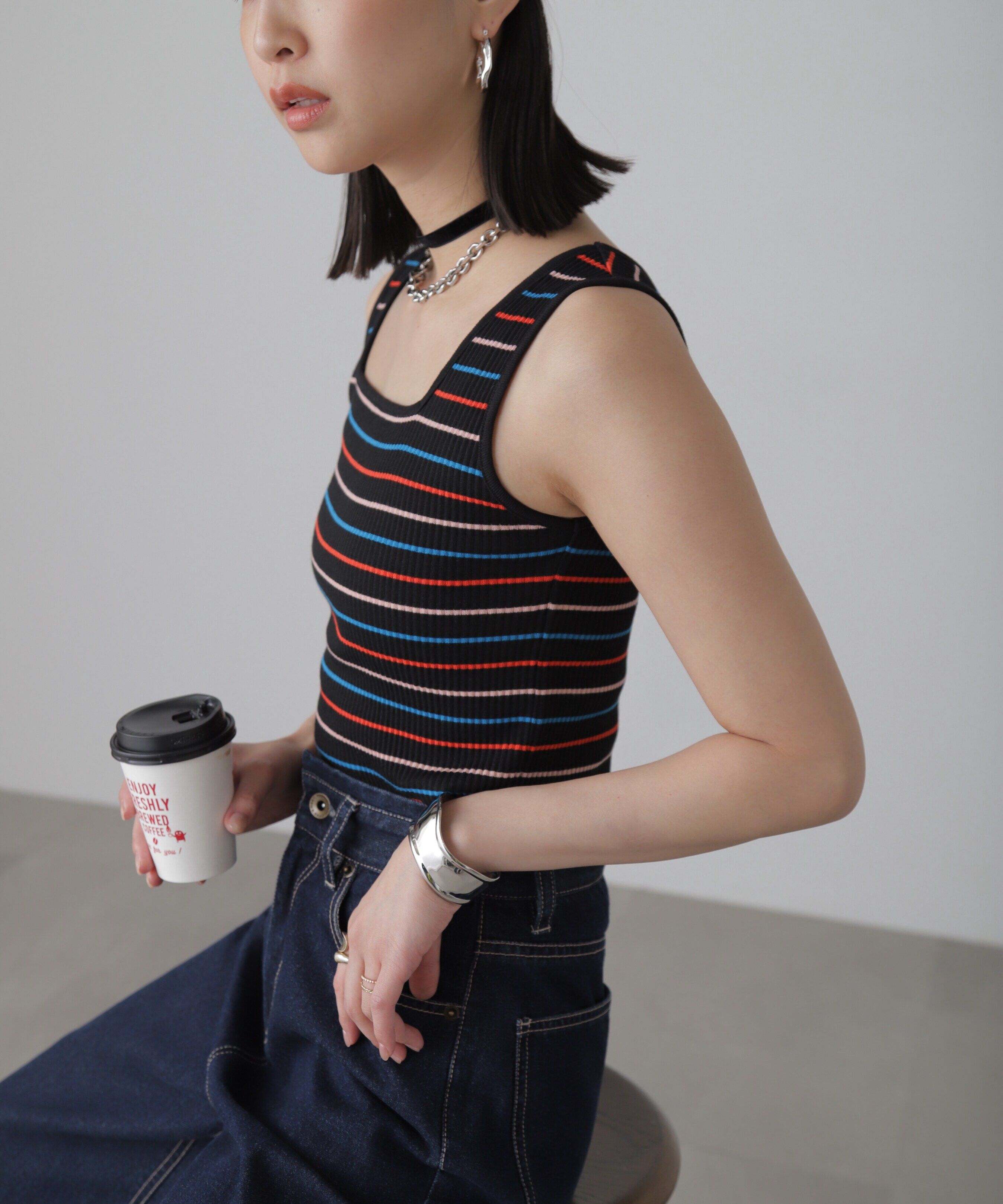  「マルチボーダースクエアネックリブタンクトップ」|Tシャツ・カットソー|