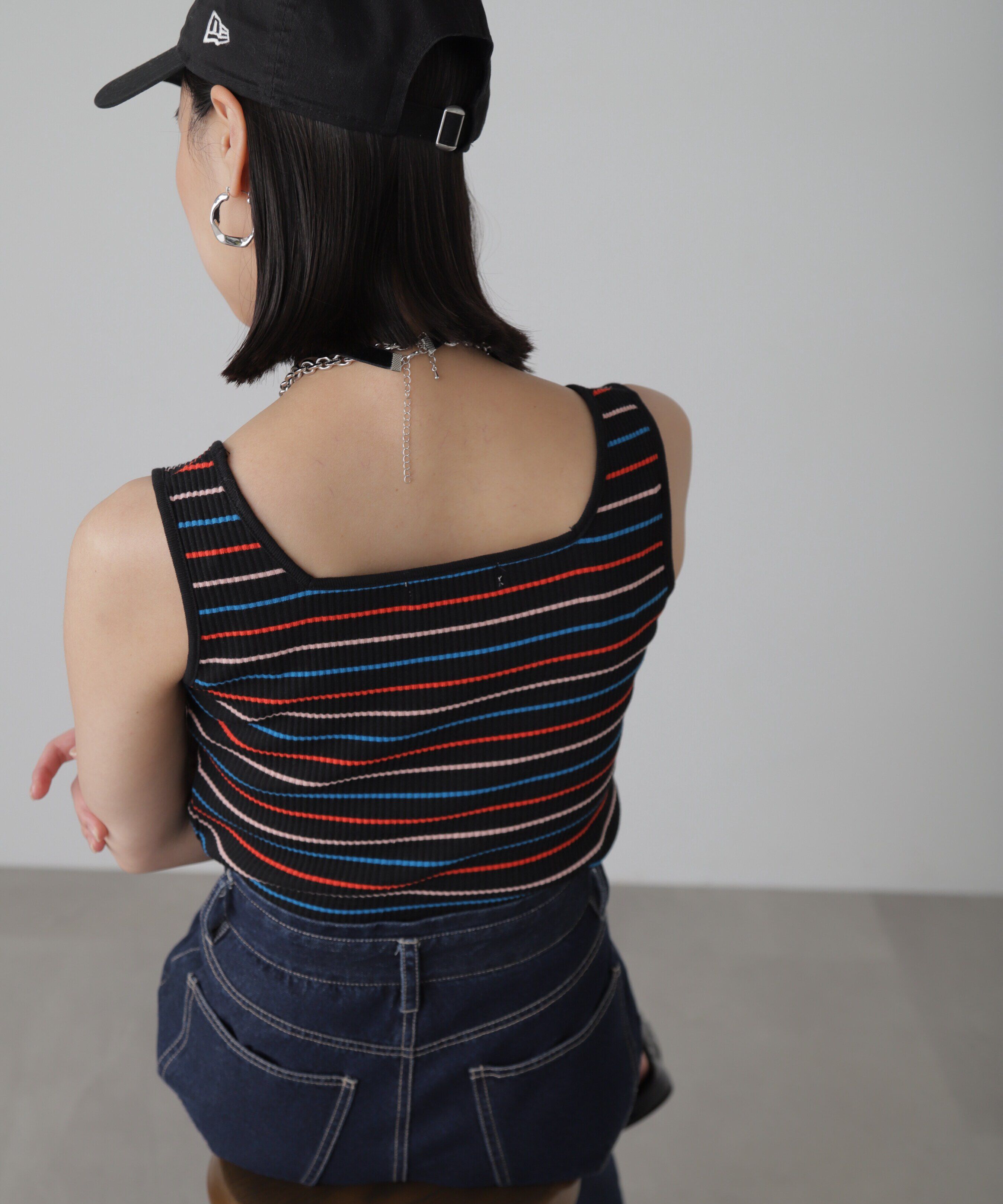  「マルチボーダースクエアネックリブタンクトップ」|Tシャツ・カットソー|