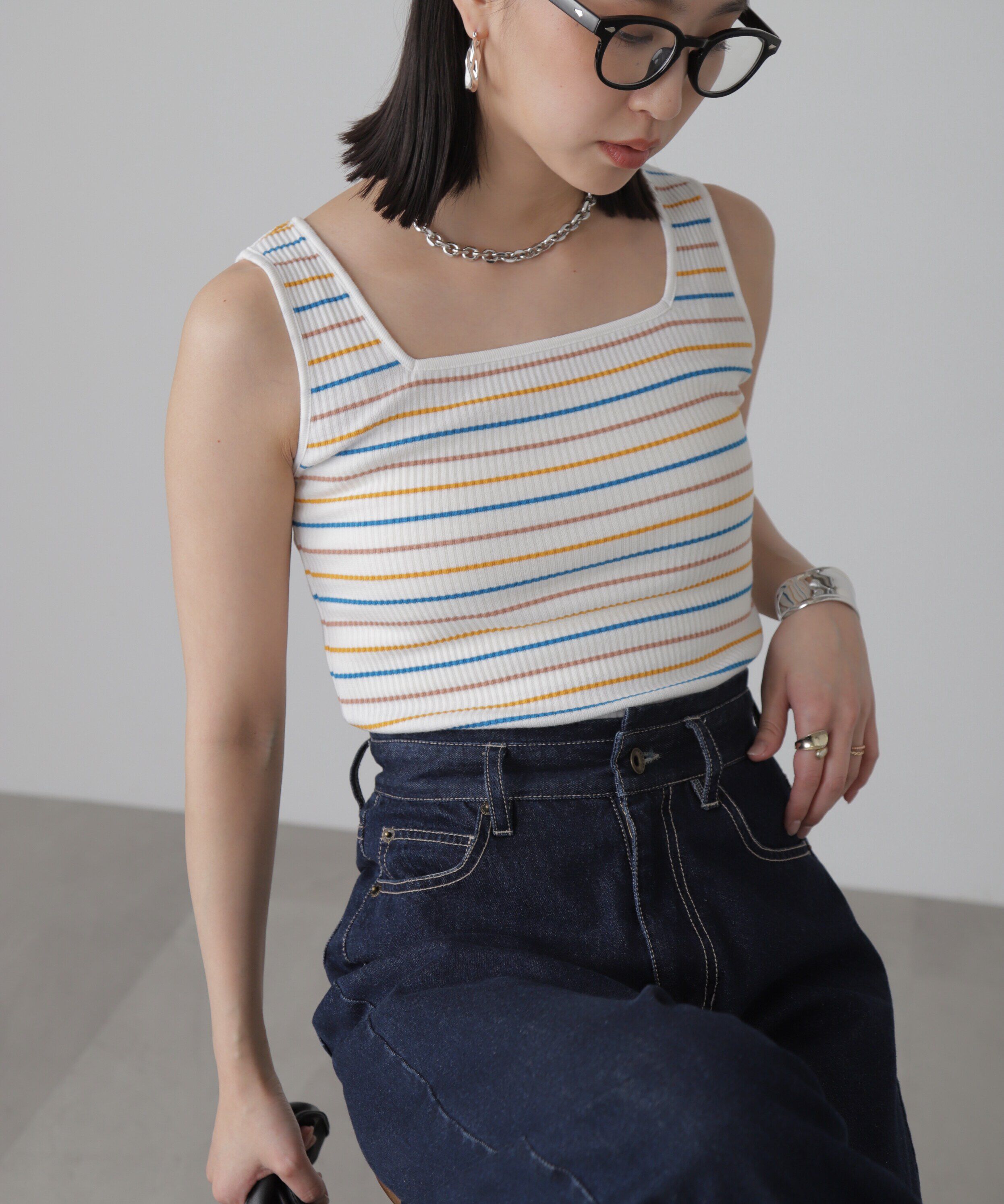  「マルチボーダースクエアネックリブタンクトップ」|Tシャツ・カットソー|