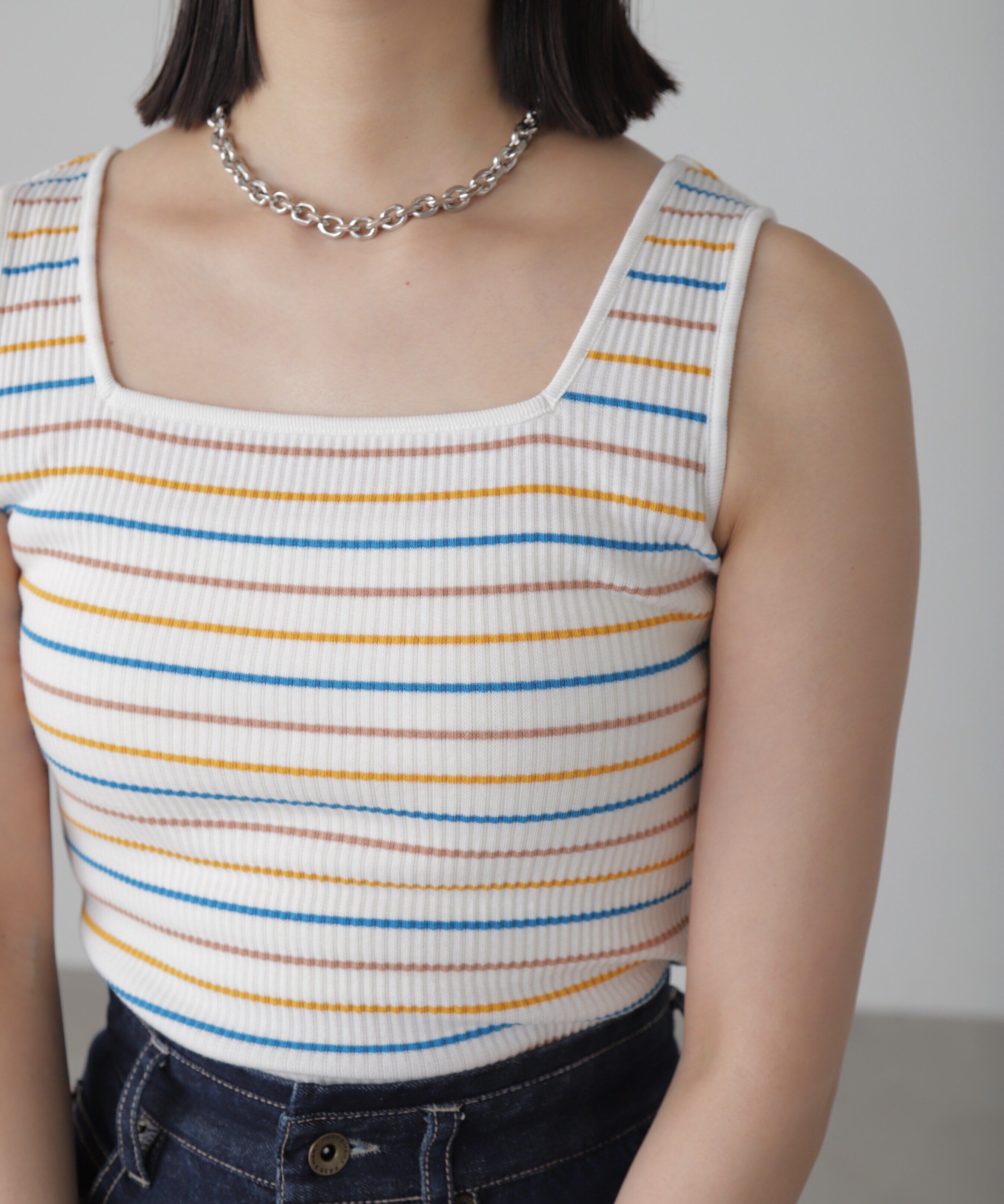  「マルチボーダースクエアネックリブタンクトップ」|Tシャツ・カットソー|