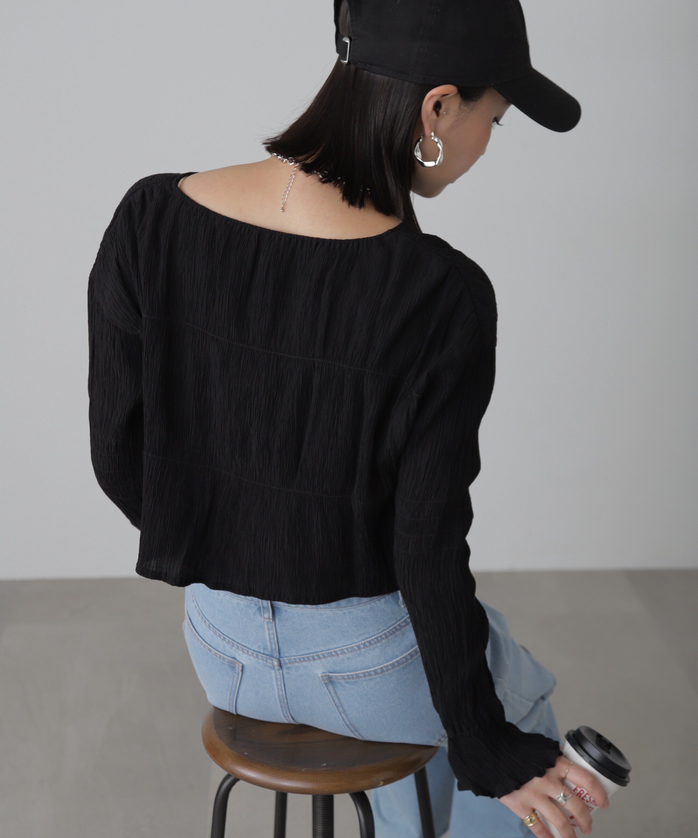  「シアーギャザー前開き短丈ブラウス」|シャツ・ブラウス|