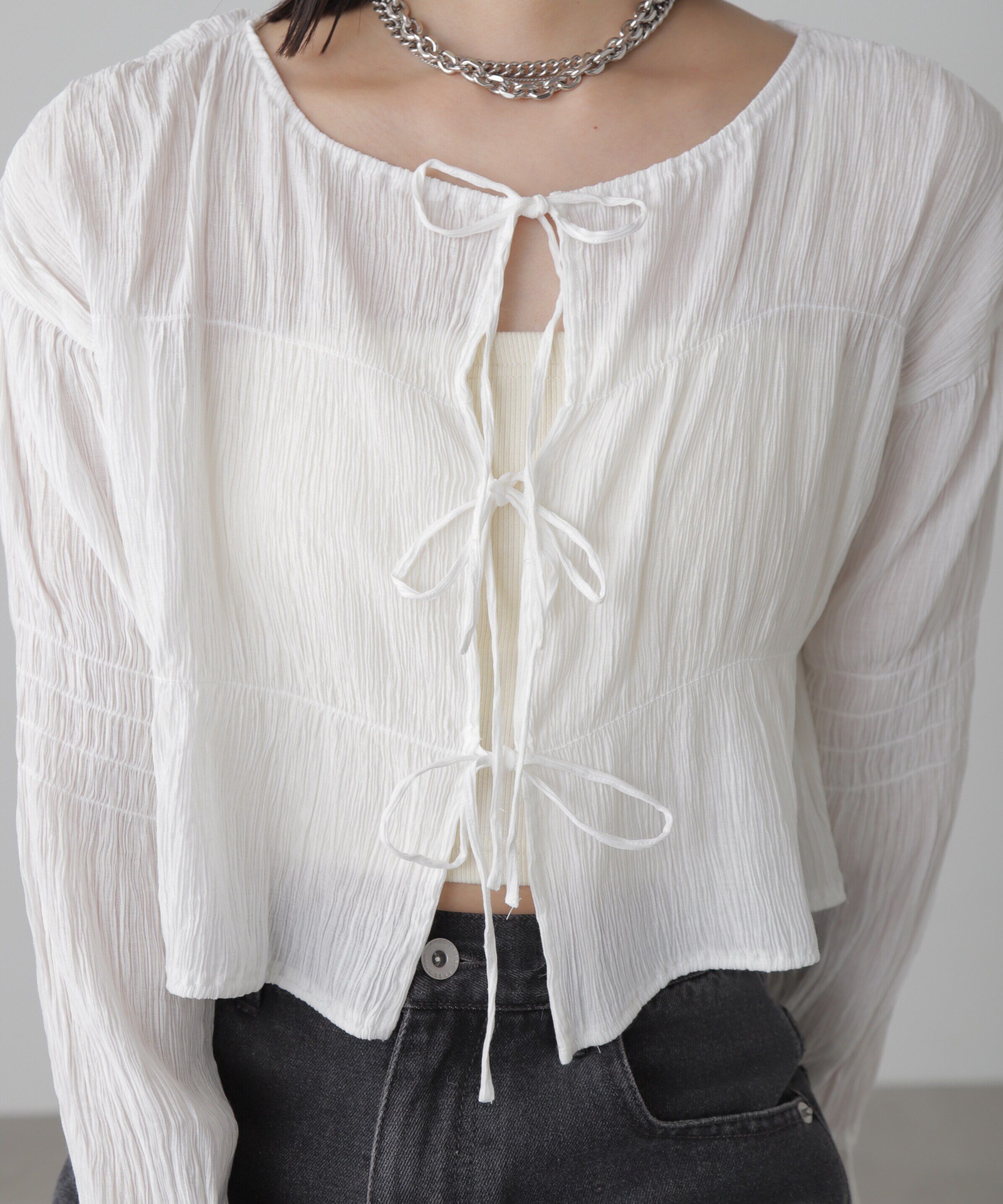  「シアーギャザー前開き短丈ブラウス」|シャツ・ブラウス|