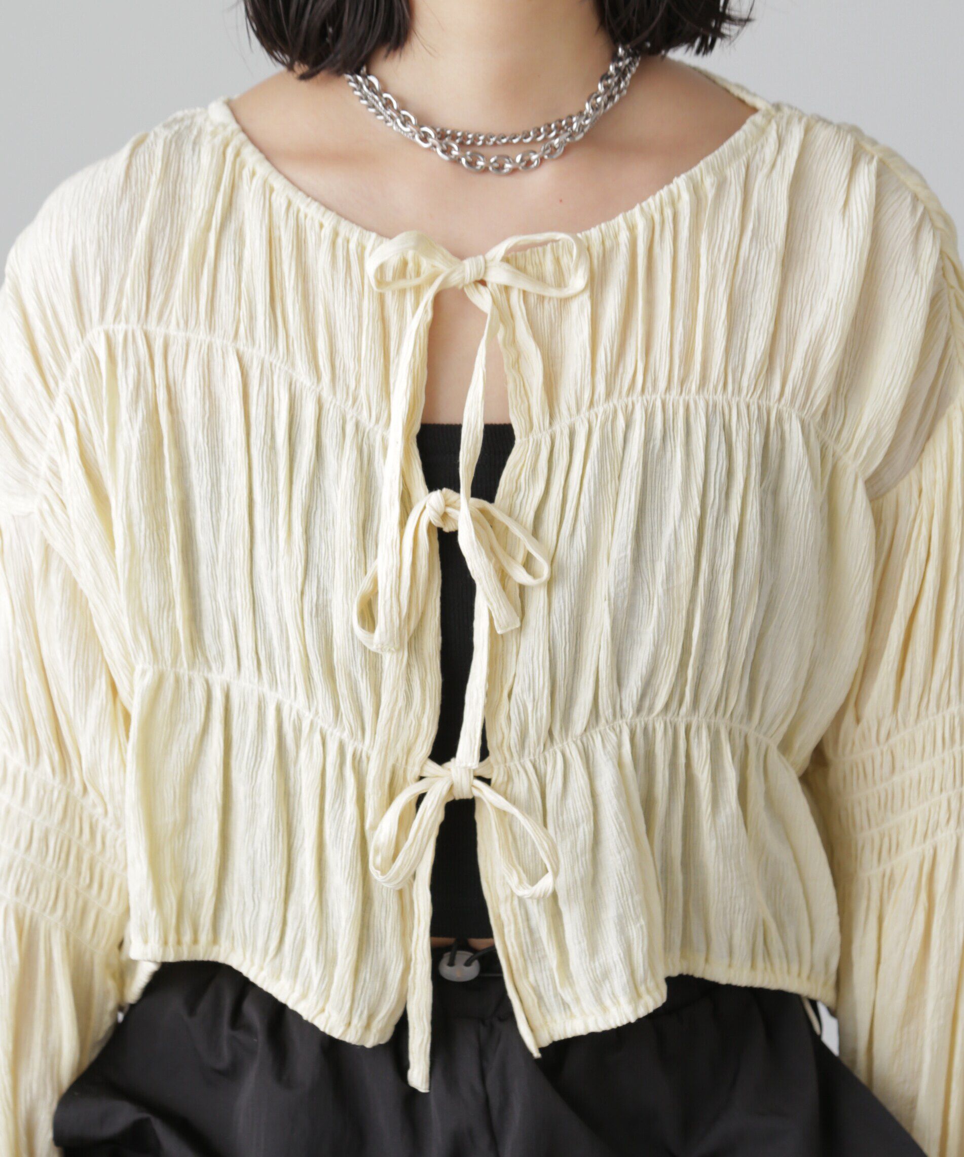  「シアーギャザー前開き短丈ブラウス」|シャツ・ブラウス|