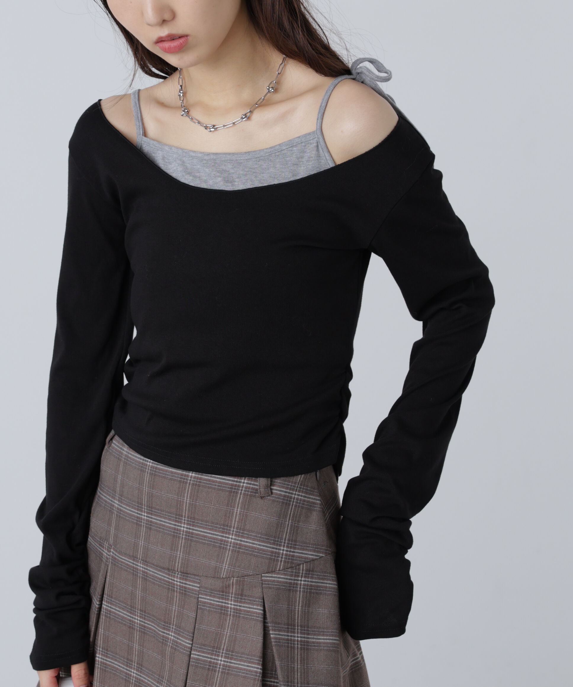  「ワンショルキャミレイヤード風カットソー」|Tシャツ・カットソー|ブラック