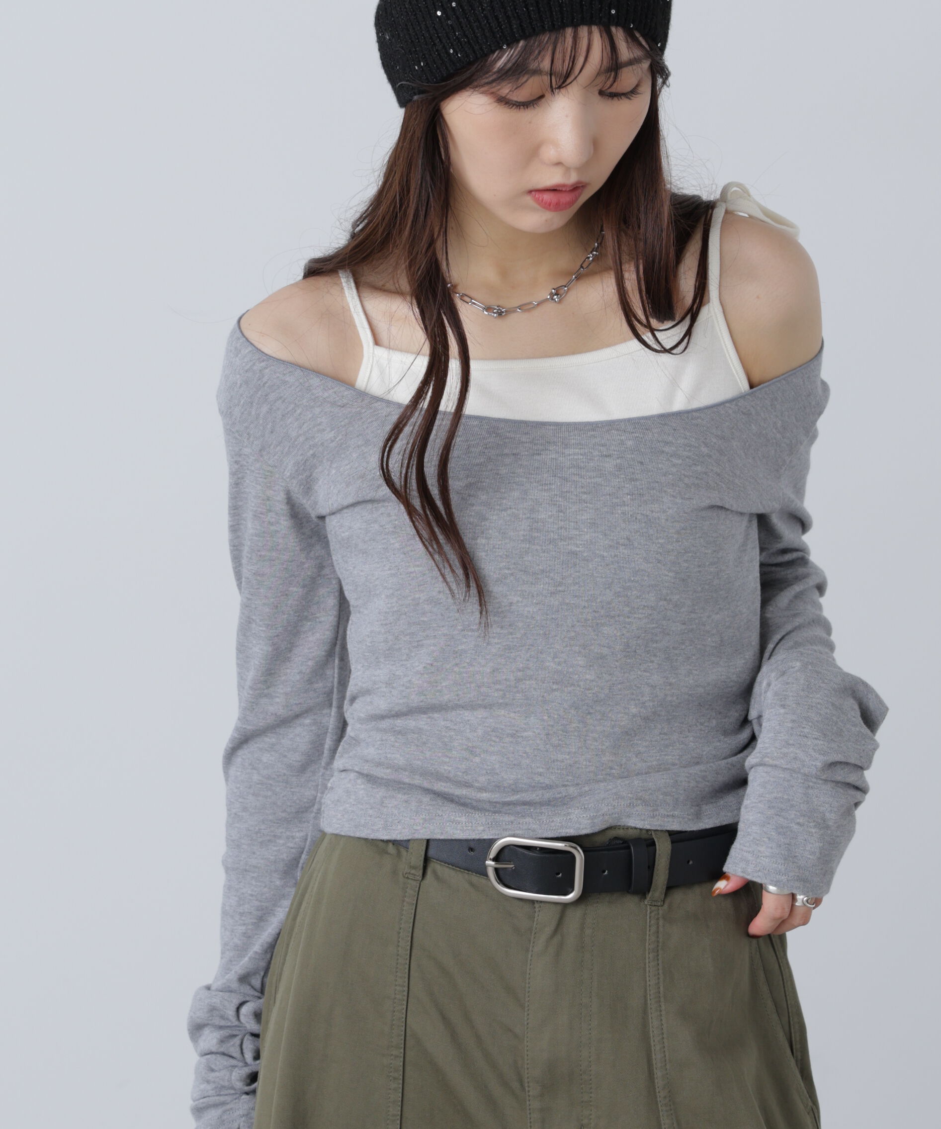  「ワンショルキャミレイヤード風カットソー」|Tシャツ・カットソー|