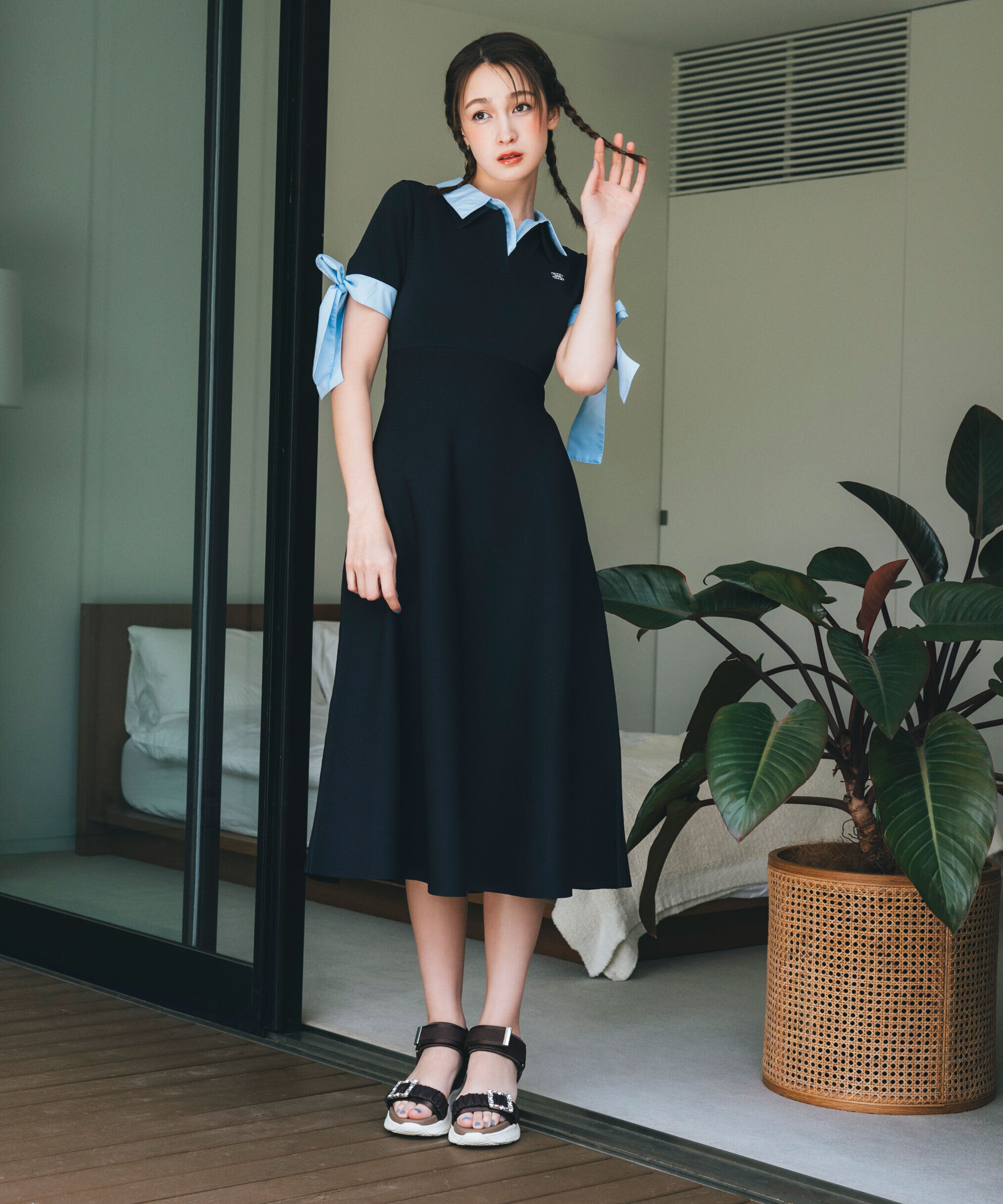  「ダブルカラーニットワンピース」|ワンピース|ネイビーブル