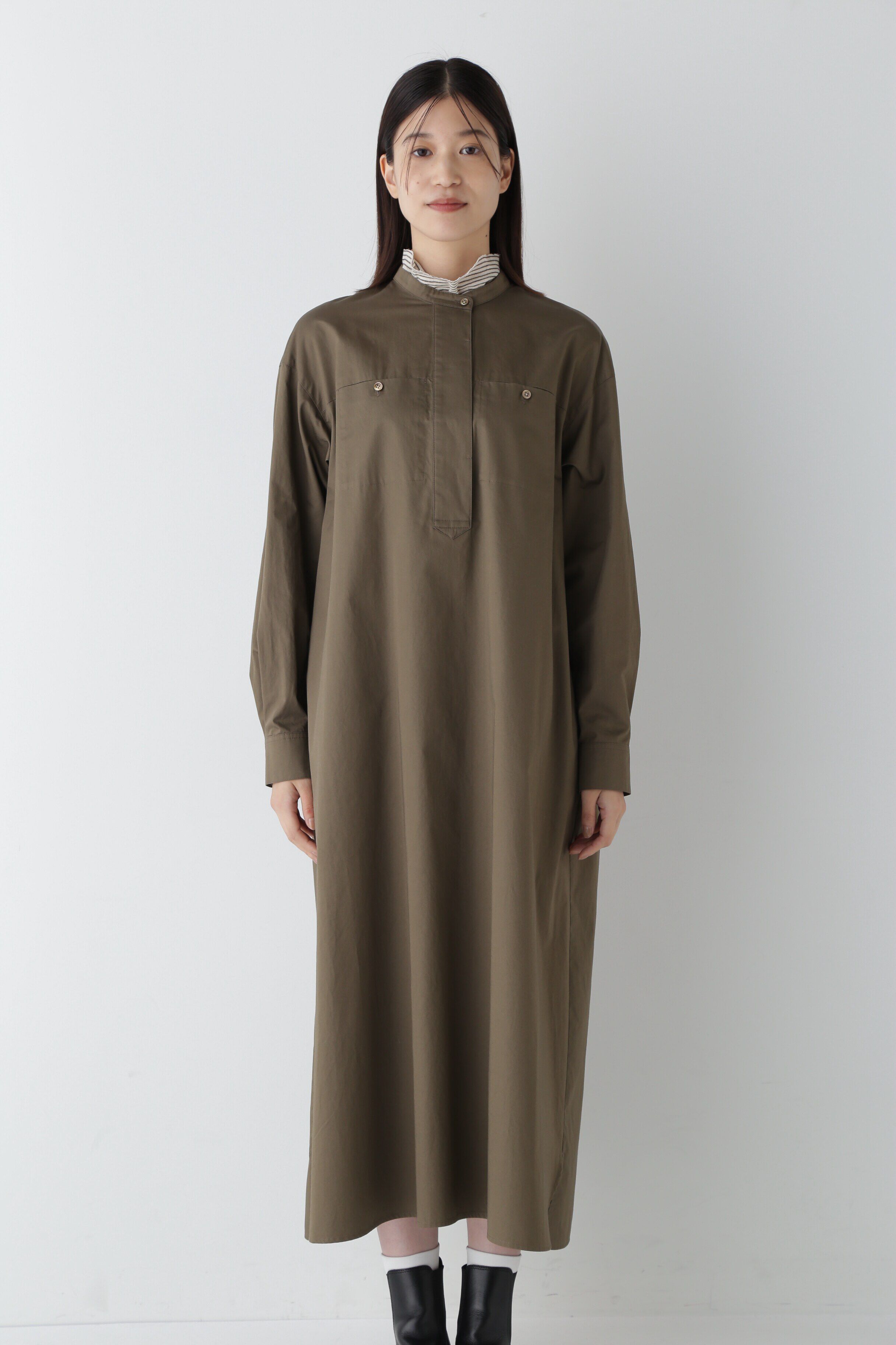  「◆コットンサテンバンドカラーシャツワンピース」|ワンピース|