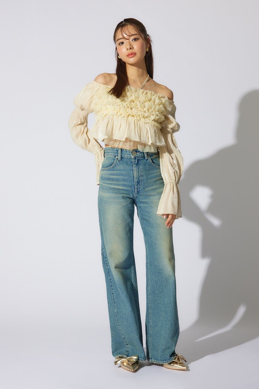 rienda「サイドVラインジャストウエストパンツ」|デニム|BLU