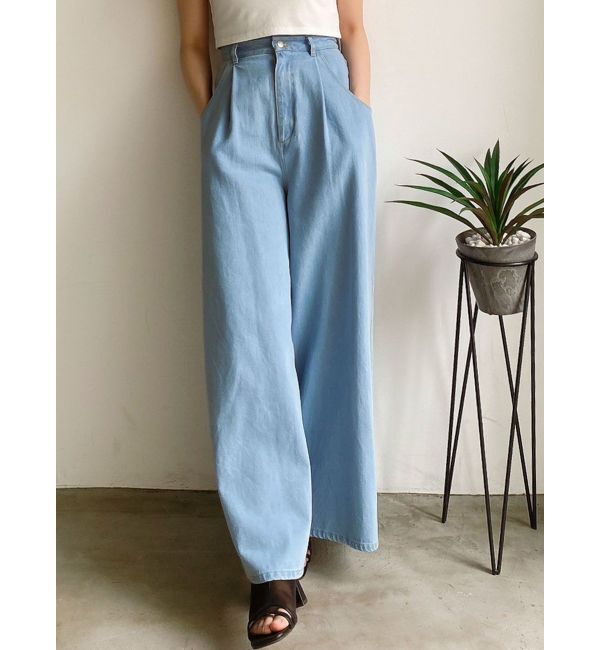 dazzlin「ダブルハイウエストワイドデニムパンツ」|デニム|ブルー