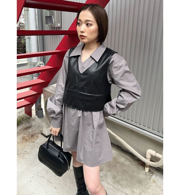 MURUA「フェイクレザーベスト&times;シャツワンピースSET」|ワンピース|