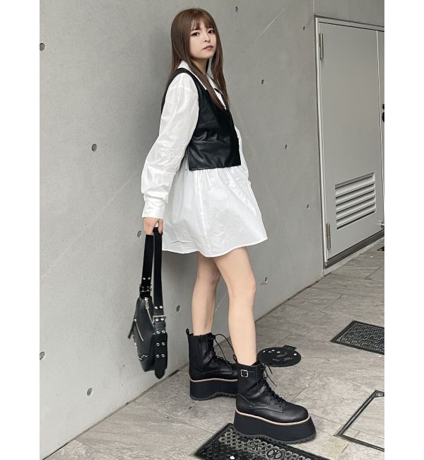 MURUA「フェイクレザーベスト&times;シャツワンピースSET」|ワンピース|