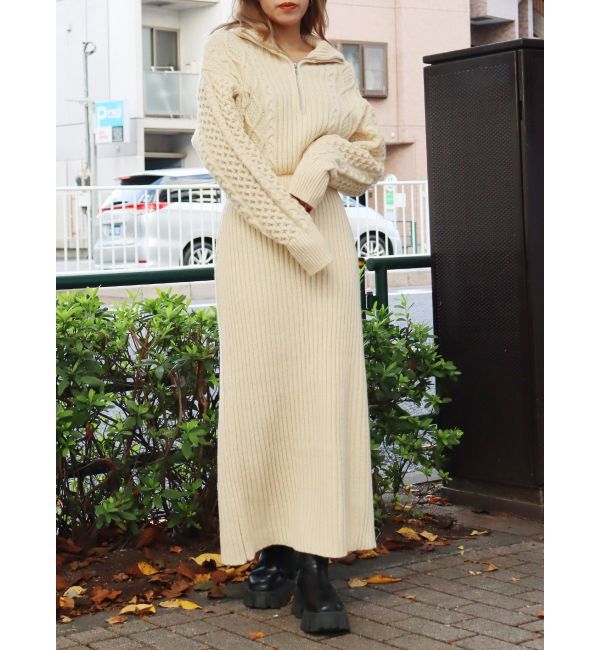 EVRIS「ハーフジップケーブルロングワンピース」|ワンピース|